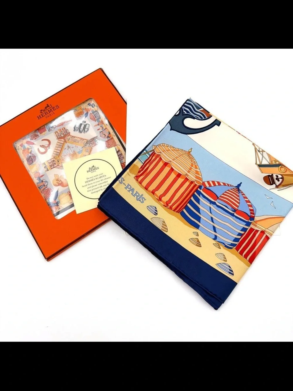 Hermes Blue Red Yellow Beach Cabins Silk Scarf